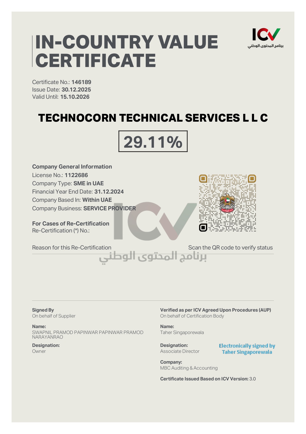 Technocorn In-Country Value certificate showing 29.11 percent