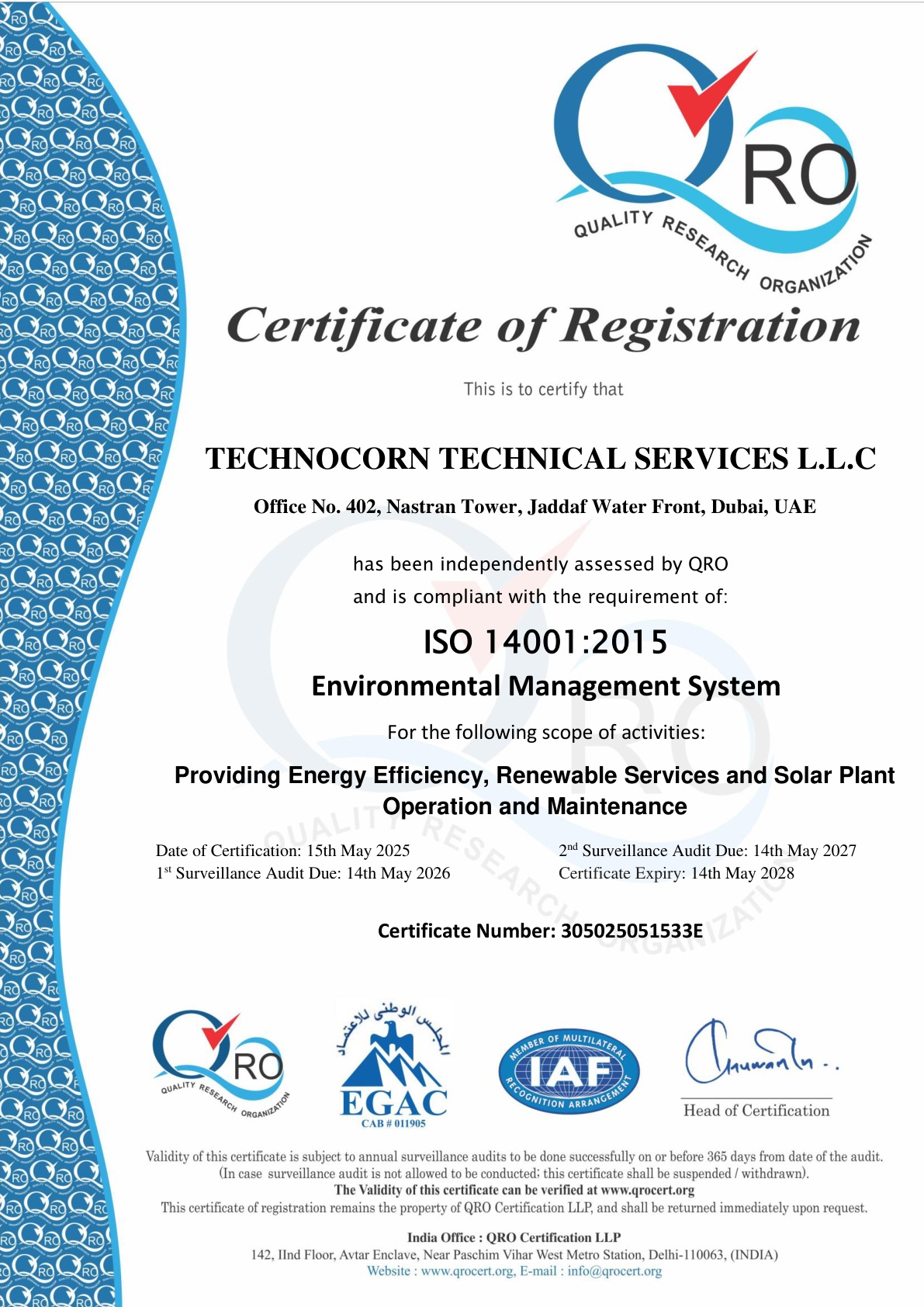 ISO 14001:2015 Environmental Management System certificate